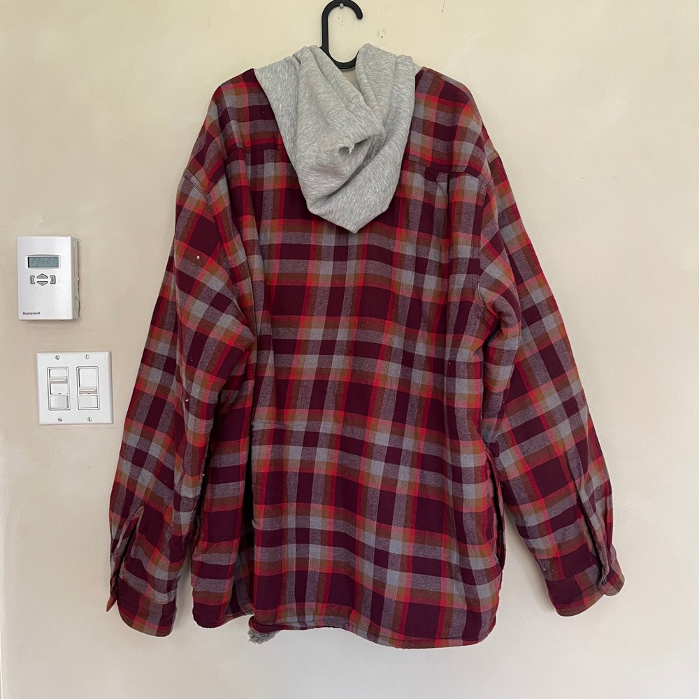 Wrangler Mens Sherpa Lined Plaid Flannel Shirt Jacket Hoodie 2XL - Picture 2 of 9
